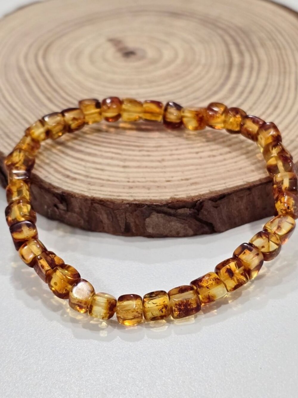 Handmade ✦ Amber Cube Bead Bracelet ✦ Honey Tone Natural Stone Stretch Design - Picture 2 of 7